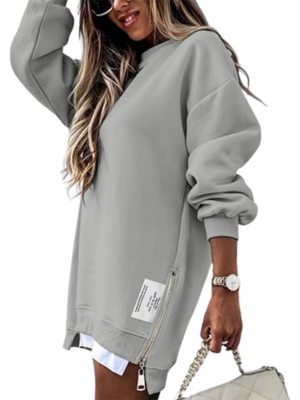 Women's Gray Side Zipper Slit Pullover Top Oversized Crewneck Sweatshirts Dress